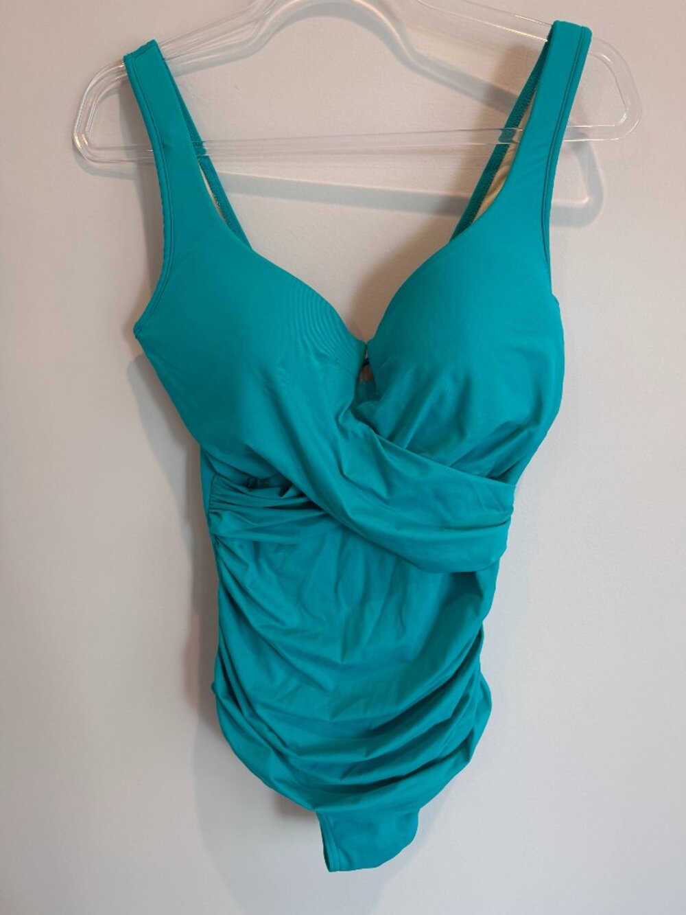 • Miraclesuit Turquoise Green Wrap Front One Piece Swimsuit Size 14 EUC